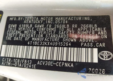 2004 Toyota Camry Le из США, поврежденный, VIN 4T1BE32KX4U915264